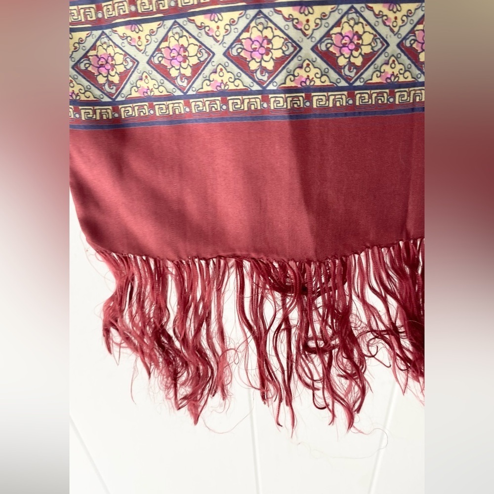 VTG 100% Silk Scarf Burgundy Yellow Pink Geo Rectangle Tassel Fringe 25” X 11 - Picture 8 of 12